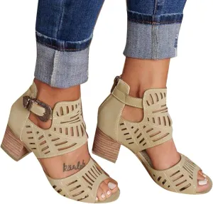 Eduavar Womens Wedge Sandals, Orthopedic Sandals for Women Leather Peep Toe Cutout Zipper Chunky Heeled Sandals