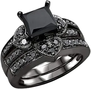 Elegant Engagement Ring Set Princess Cut Black Cubic Zirconia Diamond Rings Set Wedding Ring for Women