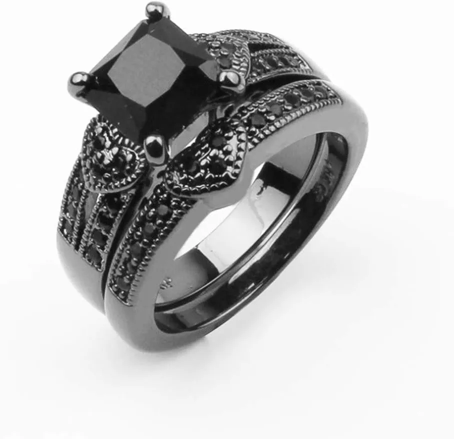 Elegant Engagement Ring Set Princess Cut Black Cubic Zirconia Diamond Rings Set Wedding Ring for Women
