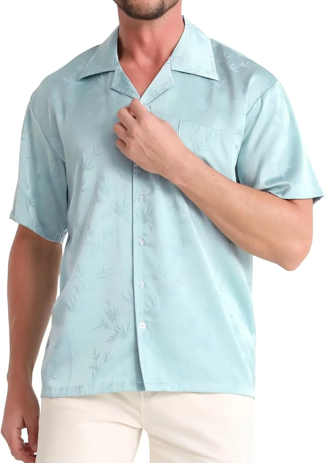 ELETOP Men's Hawaiian Shirts Summer Imitated Silk Jacquard Shirts Short Sleeve Casual Beach Shirts