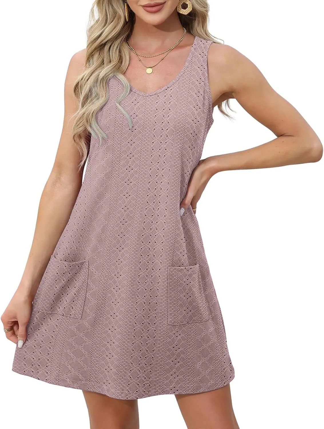 Eyelet Dress for Women, Summer Dresses 2025, Casual Vacation Beach Short Midi Beach Sundresses, Sleeveless Tank Dress
