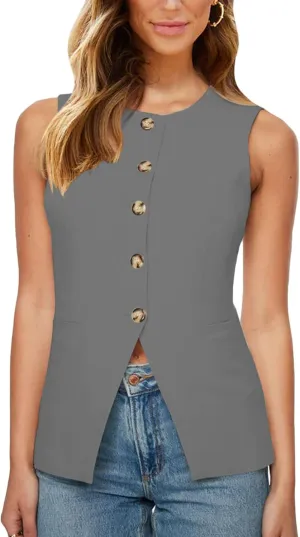 Fallorchid Womens Round neck Suit Vest Sleeveless Button Business Jacket Waistcoat Top