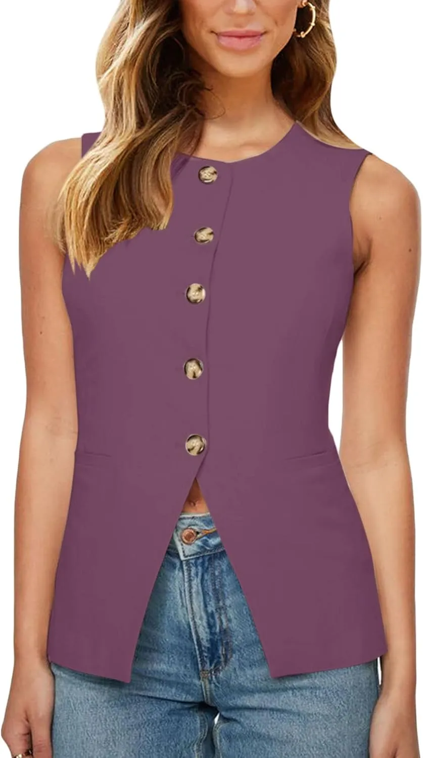 Fallorchid Womens Round neck Suit Vest Sleeveless Button Business Jacket Waistcoat Top