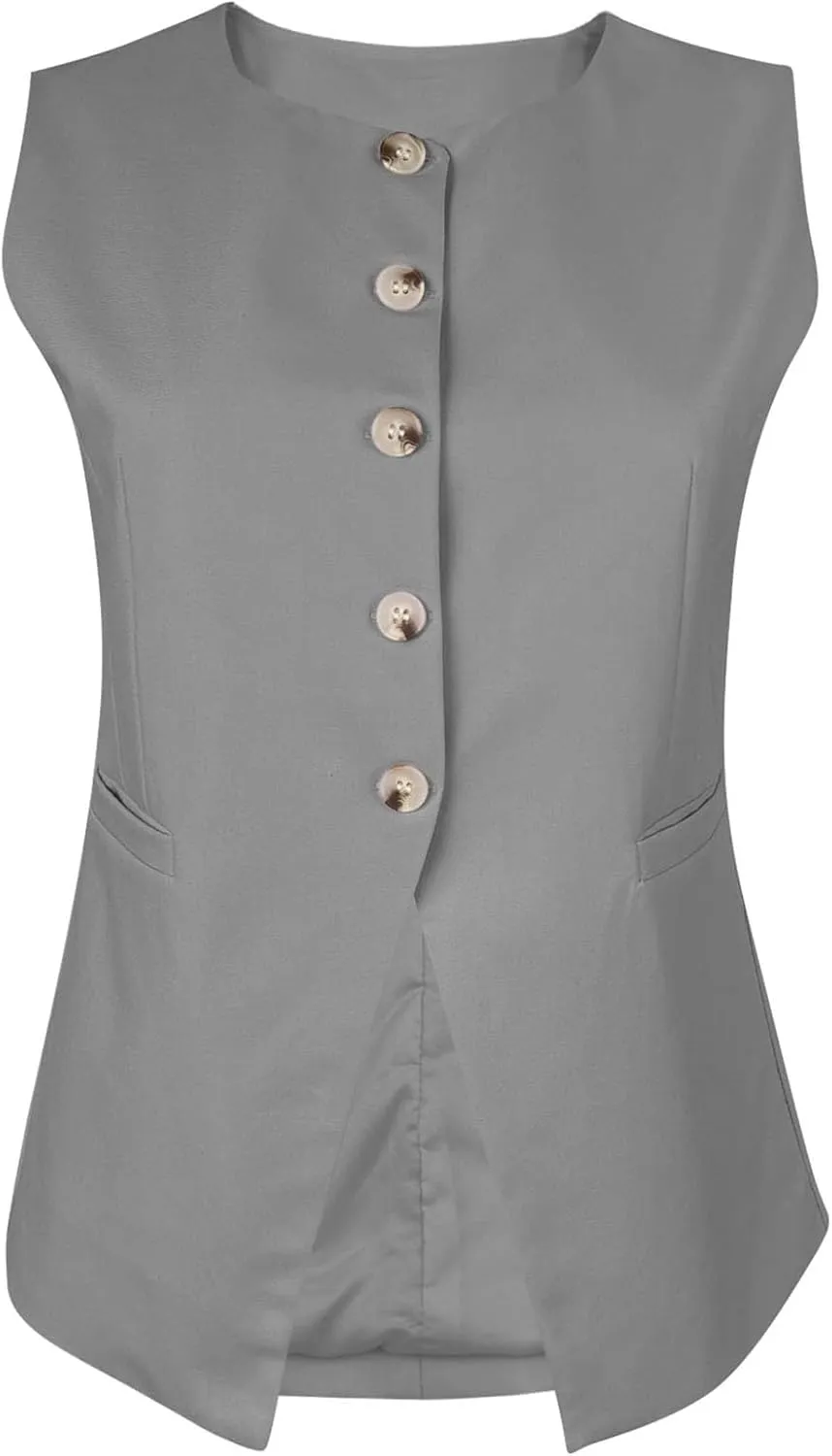 Fallorchid Womens Round neck Suit Vest Sleeveless Button Business Jacket Waistcoat Top