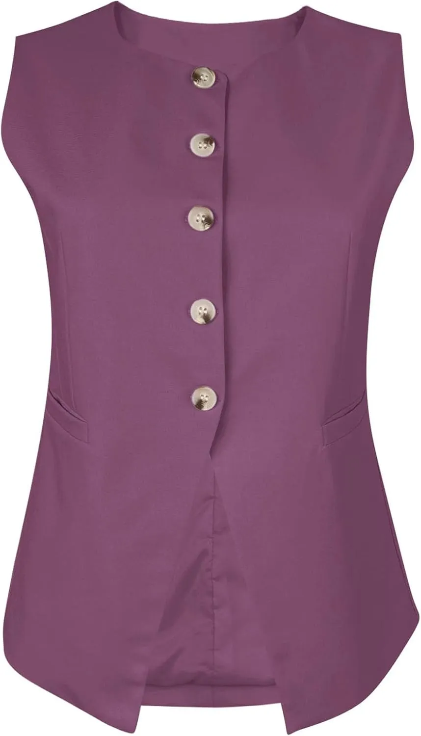 Fallorchid Womens Round neck Suit Vest Sleeveless Button Business Jacket Waistcoat Top