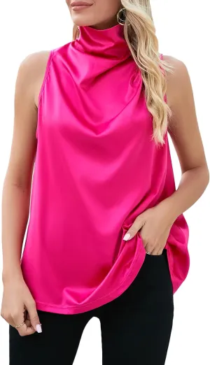 Famulily Womens Sexy Cowl Neck Sleeveless Tank Tops Ruched Satin Silky Cami Tops Basic Solid Color Tank Tops