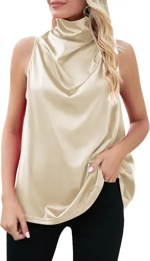 Famulily Womens Sexy Cowl Neck Sleeveless Tank Tops Ruched Satin Silky Cami Tops Basic Solid Color Tank Tops
