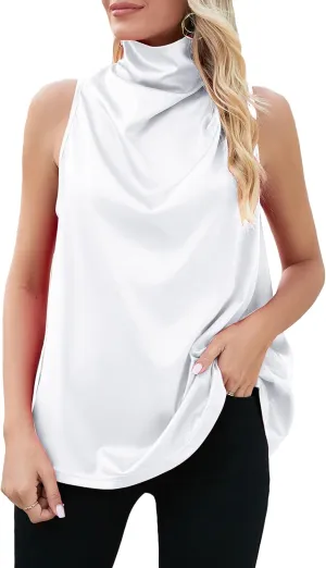 Famulily Womens Sexy Cowl Neck Sleeveless Tank Tops Ruched Satin Silky Cami Tops Basic Solid Color Tank Tops