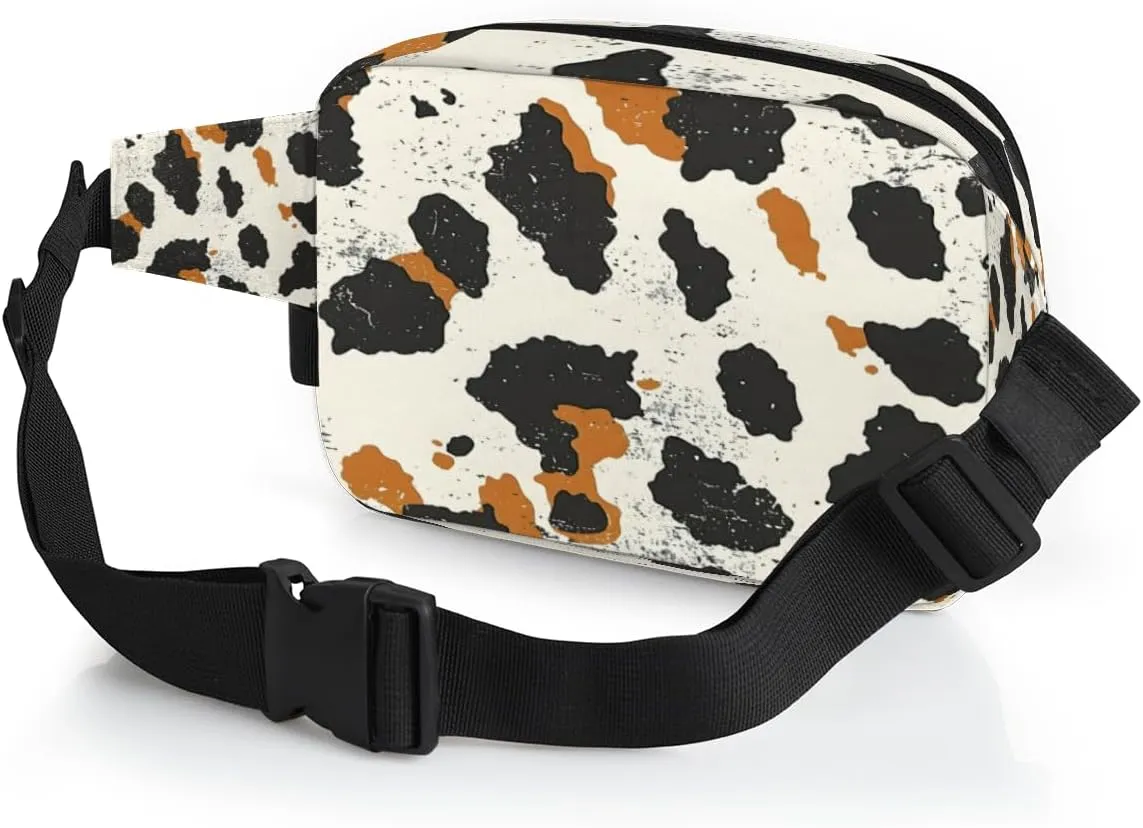Fanny Pack for Men Women, Waterproof Sports Waist Bag Pack, Cowhide Belt Bag for Travel Hiking Running, Travel Chest Bag with Adjustable Strap, Milk Cow Skin Print