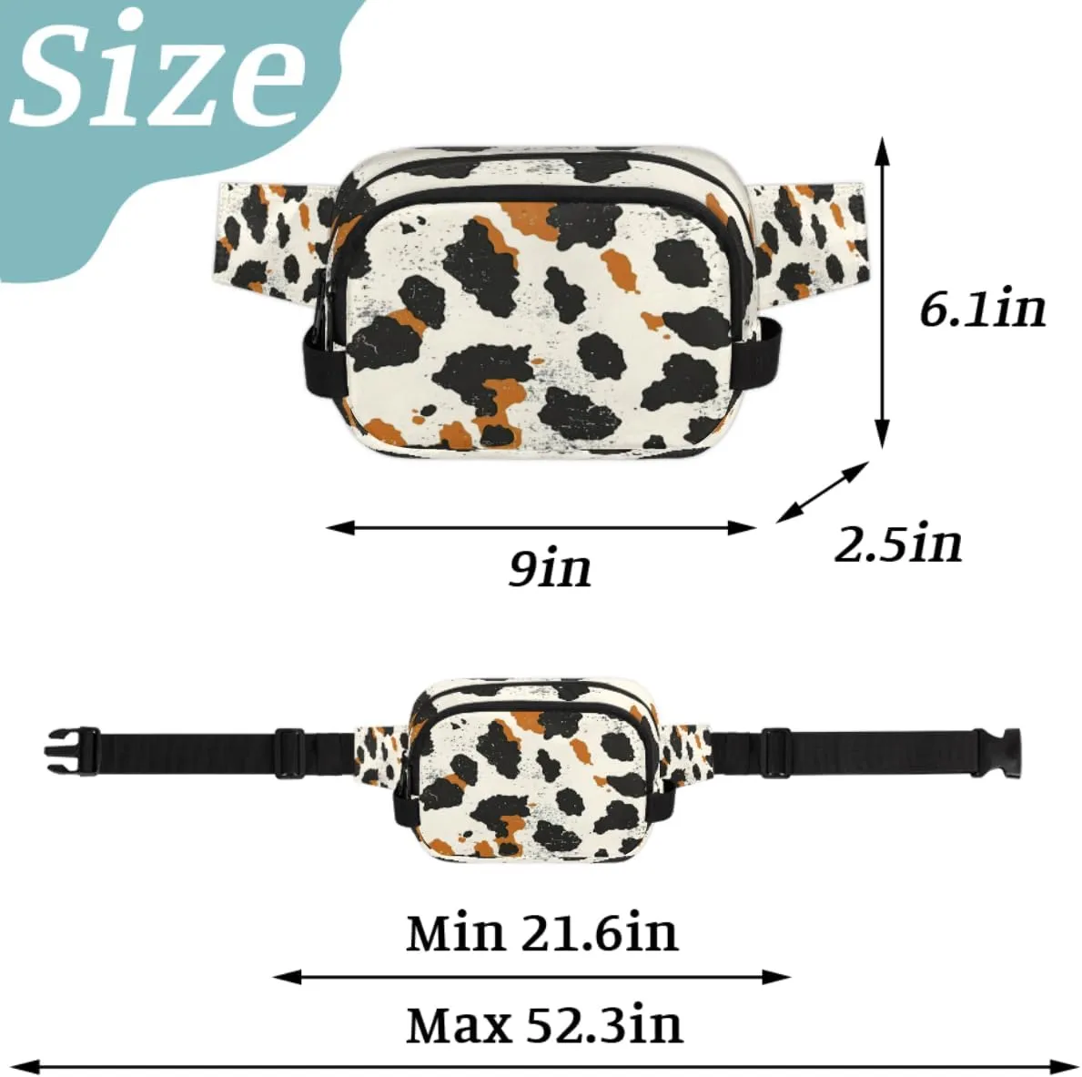 Fanny Pack for Men Women, Waterproof Sports Waist Bag Pack, Cowhide Belt Bag for Travel Hiking Running, Travel Chest Bag with Adjustable Strap, Milk Cow Skin Print