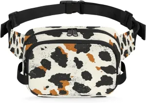Fanny Pack for Men Women, Waterproof Sports Waist Bag Pack, Cowhide Belt Bag for Travel Hiking Running, Travel Chest Bag with Adjustable Strap, Milk Cow Skin Print