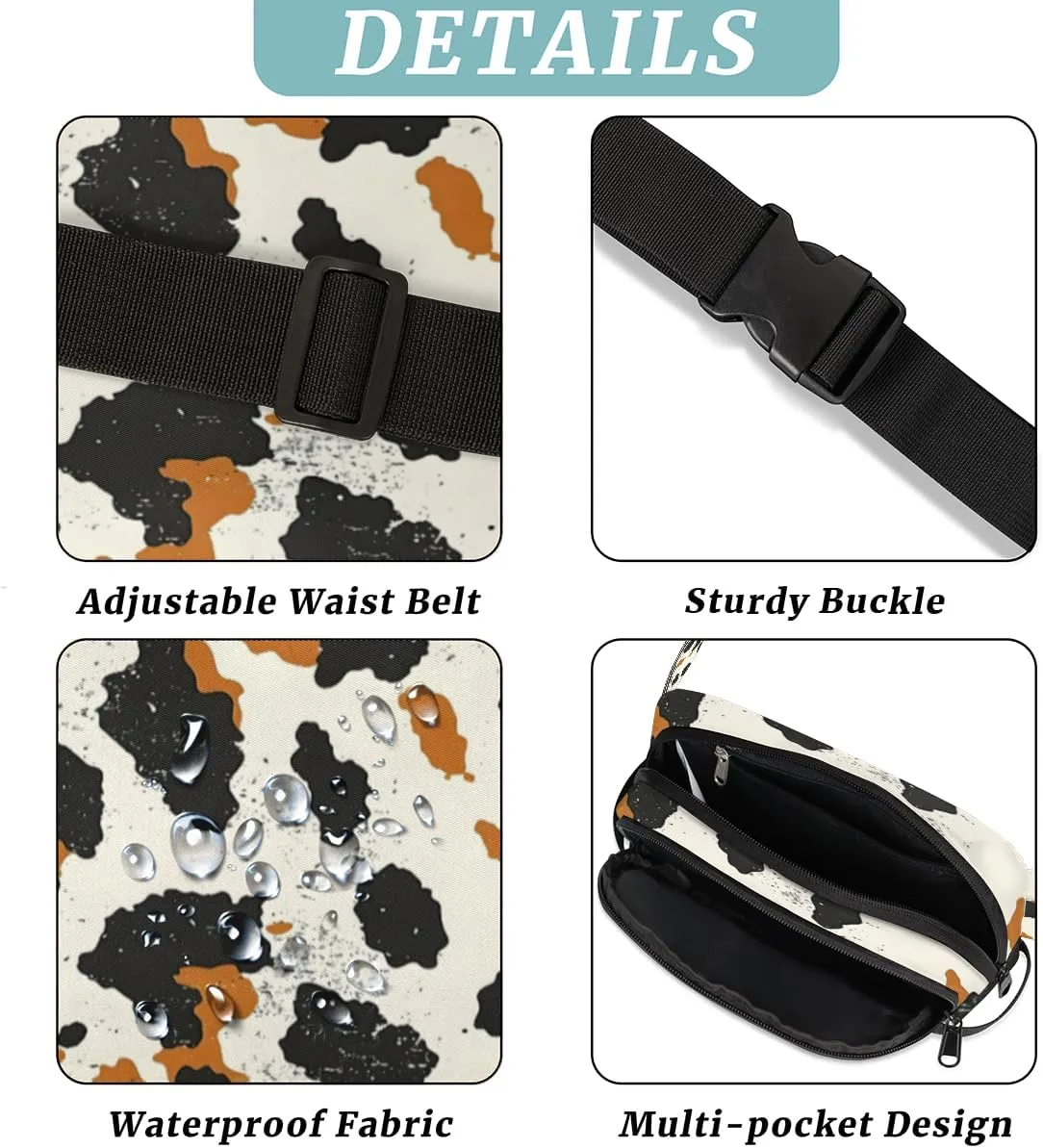Fanny Pack for Men Women, Waterproof Sports Waist Bag Pack, Cowhide Belt Bag for Travel Hiking Running, Travel Chest Bag with Adjustable Strap, Milk Cow Skin Print