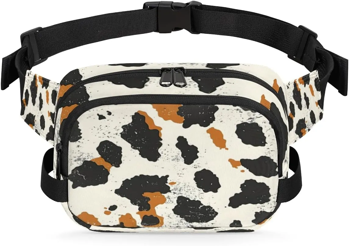 Fanny Pack for Men Women, Waterproof Sports Waist Bag Pack, Cowhide Belt Bag for Travel Hiking Running, Travel Chest Bag with Adjustable Strap, Milk Cow Skin Print