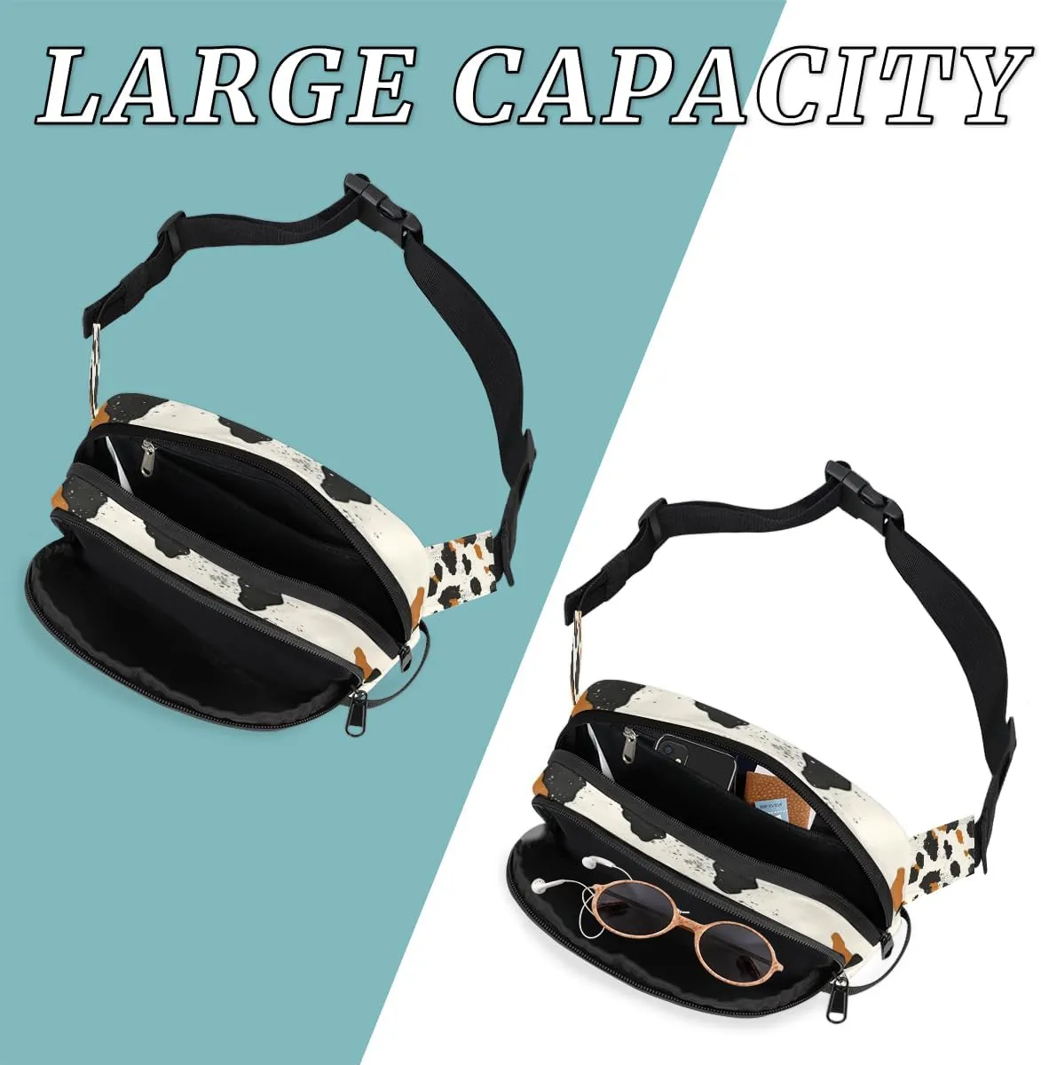 Fanny Pack for Men Women, Waterproof Sports Waist Bag Pack, Cowhide Belt Bag for Travel Hiking Running, Travel Chest Bag with Adjustable Strap, Milk Cow Skin Print