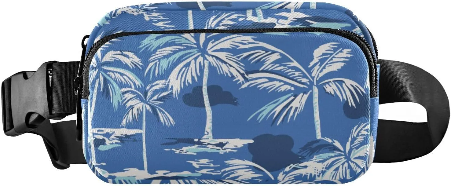 Fanny Pack for Women Men Blue Palm Tree Leaves Belt Waist Pack Bum Bag Wallets for Running Cycling Hiking Travel Workout with Adjustable Strap