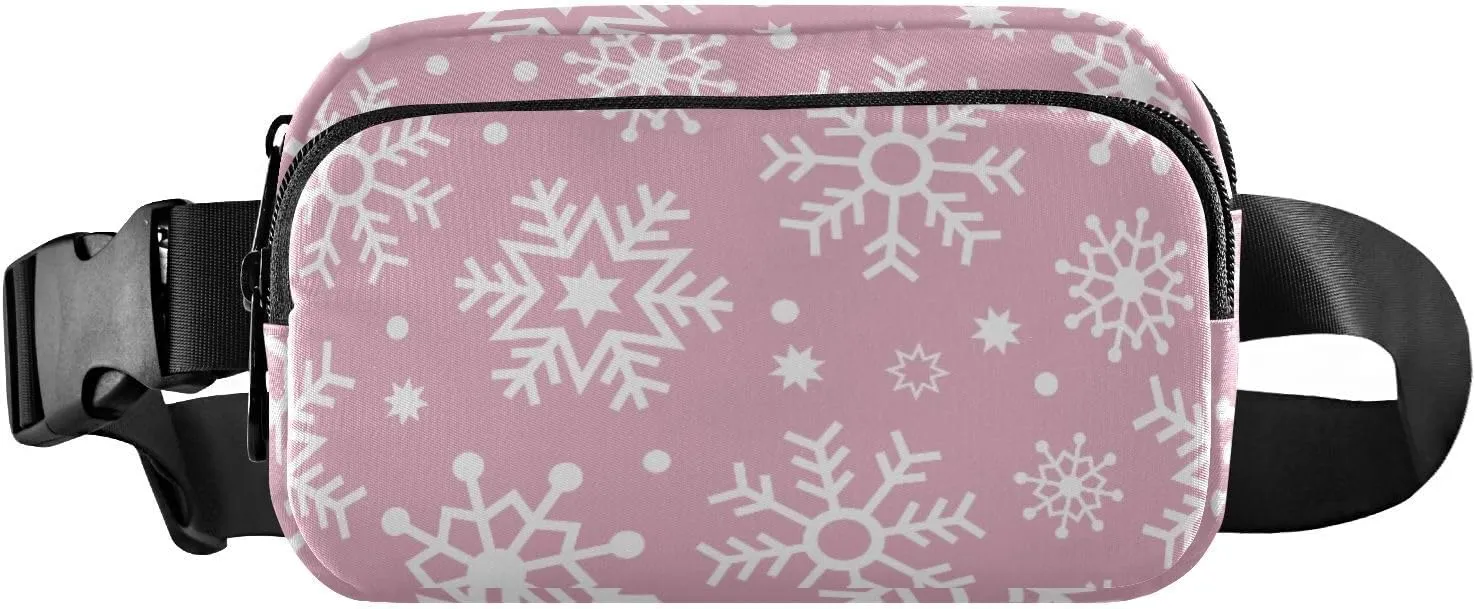 Fanny Pack for Women Men Christmas Snowflake Pink White Belt Waist Pack Bum Bag Wallets for Running Cycling Hiking Travel Workout with Adjustable Strap