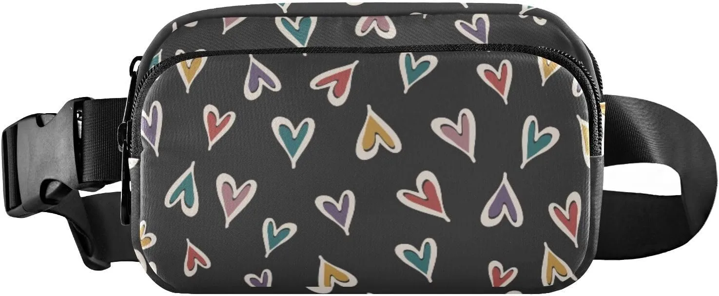 Fanny Pack for Women Men Colorful Hearts Black Belt Waist Pack Bum Bag Wallets for Running Cycling Hiking Travel Workout with Adjustable Strap