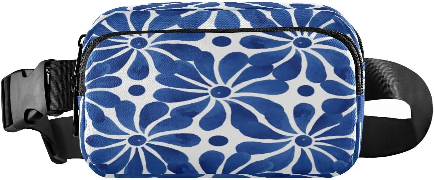 Fanny Packs for Women Men Blue Floral Dots Belt Bag Waist Pouch Packs Abstract Flowers Crossbody Bag Running Hiking Fanny Pack Gifts for Girls Boys