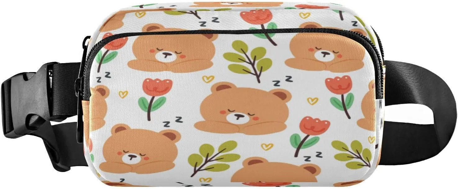 Fanny Packs for Women Men Cartoon Bear Flowers Belt Bag Waist Pouch Packs Crossbody Bag Running Hiking Fanny Pack Gifts for Girls Boys