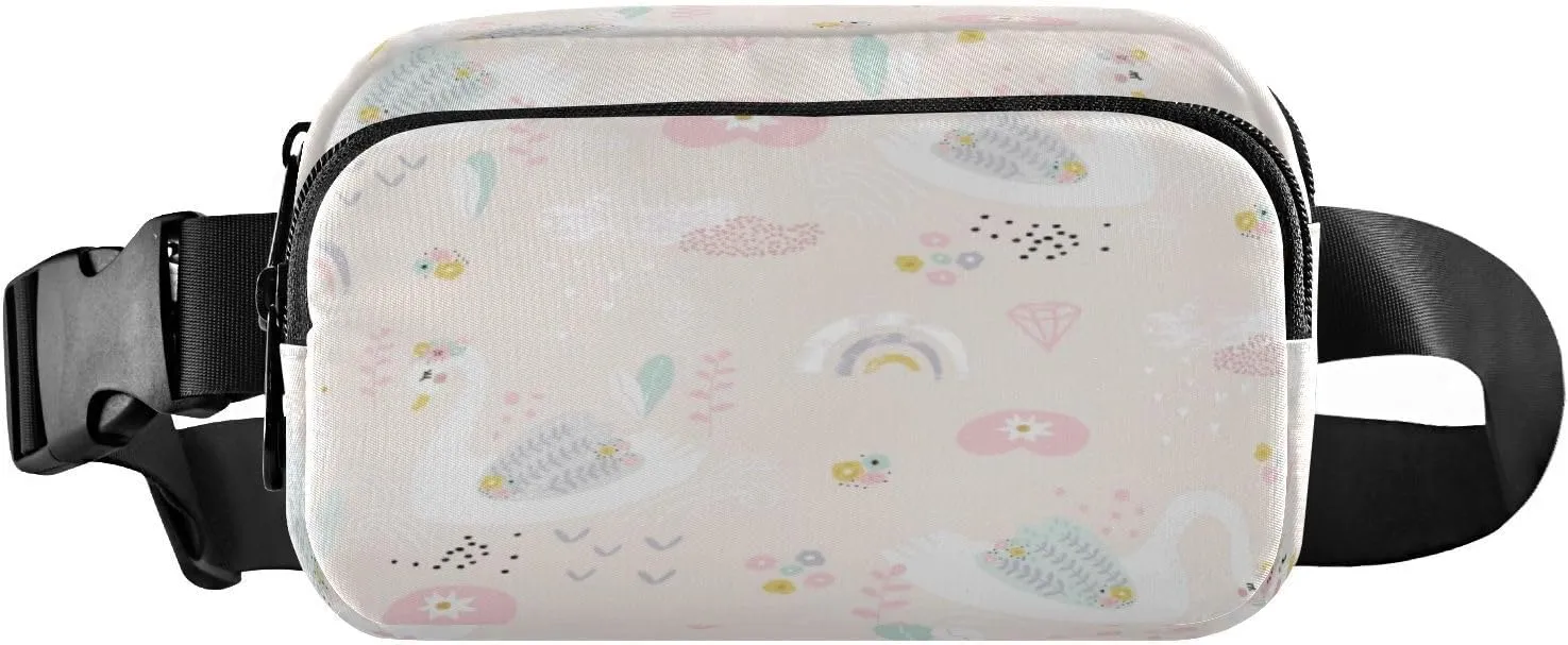 Fanny Packs for Women Men Cute Swans Rainbows Floral Belt Bag Waist Pouch Packs Crossbody Bag Running Hiking Fanny Pack Gifts for Girls Boys