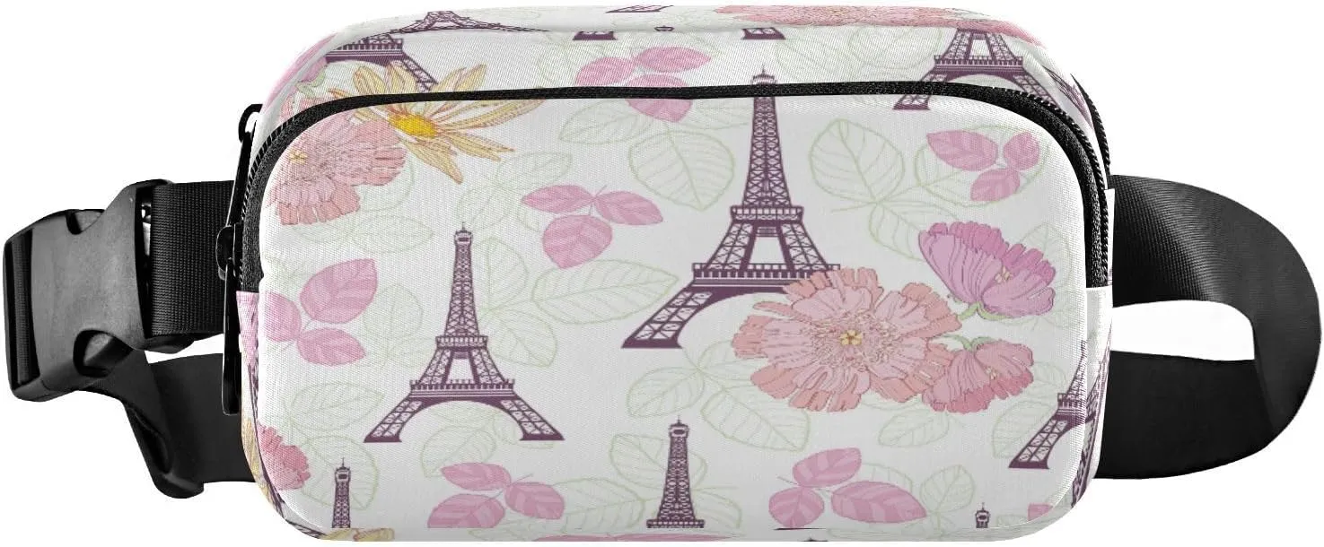 Fanny Packs for Women Men Eifel Tower Roses Flowers Belt Bag Waist Pouch Packs Paris Crossbody Bag Running Hiking Fanny Pack Gifts for Girls Boys