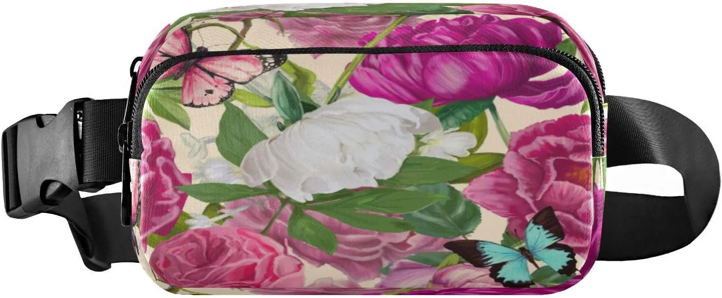 Fanny Packs for Women Men Peony Floral Butterfly Belt Bag Waist Pouch Packs Spring Rose Bumbag Crossbody Bag Running Hiking Fanny Pack Gifts for Girls Boys