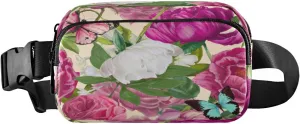 Fanny Packs for Women Men Peony Floral Butterfly Belt Bag Waist Pouch Packs Spring Rose Bumbag Crossbody Bag Running Hiking Fanny Pack Gifts for Girls Boys