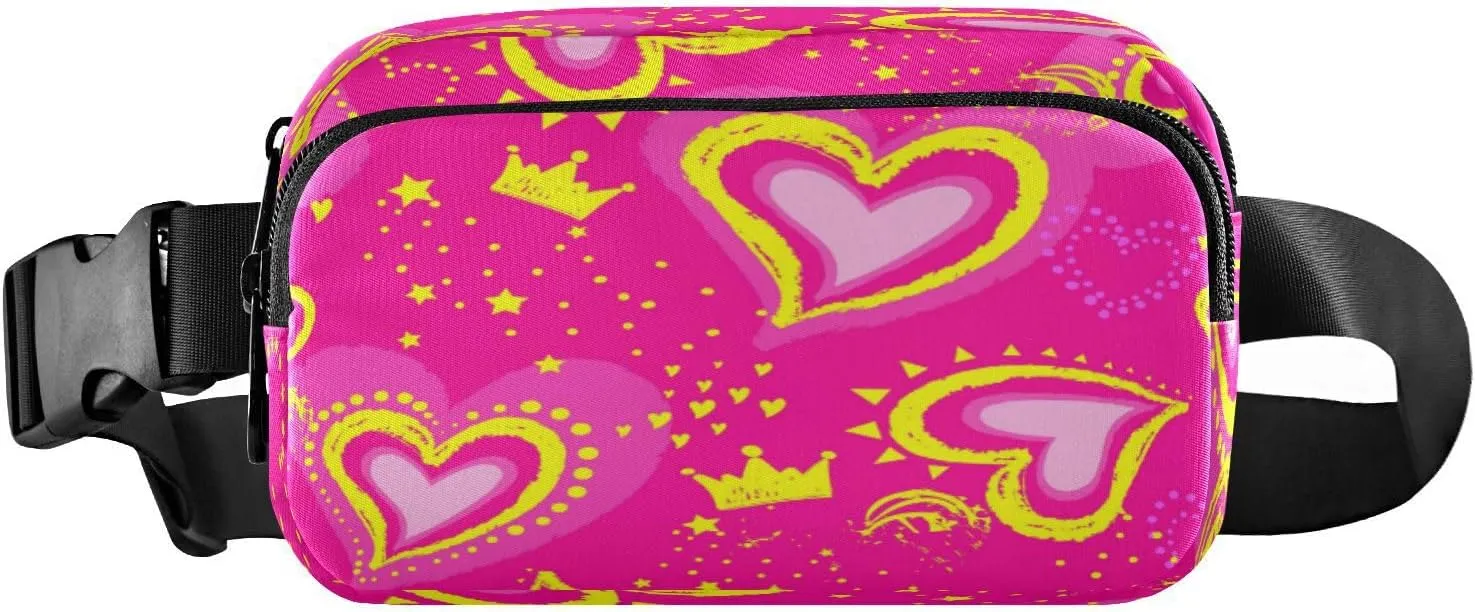 Fanny Packs for Women Men Pink Hearts Dots Stars Yellow Crown Belt Bag Waist Pouch Packs Crossbody Bag Running Hiking Fanny Pack Gifts for Girls Boys