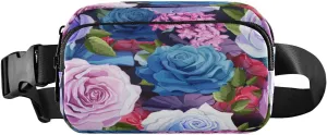 Fanny Packs for Women Men Spring Roses Lilac Belt Bag Waist Pouch Packs Pink Blue Floral Crossbody Bag Running Hiking Fanny Pack Gifts for Girls Boys