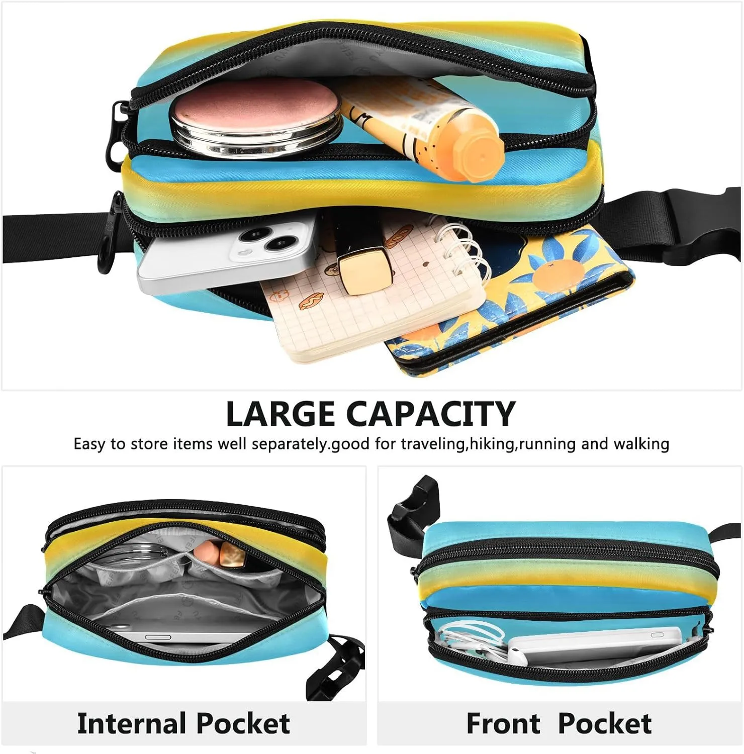 Fanny Packs for Women Men Turquoise Cyan Yellow Belt Bag Waist Pouch Packs Crossbody Bag Running Hiking Fanny Pack Gifts for Girls Boys