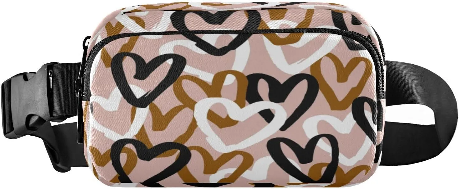 Fanny Packs for Women Men Valentines Day Brown Black White Hearts Belt Bag Waist Pouch Packs Crossbody Bag Running Hiking Fanny Pack Gifts for Girls Boys