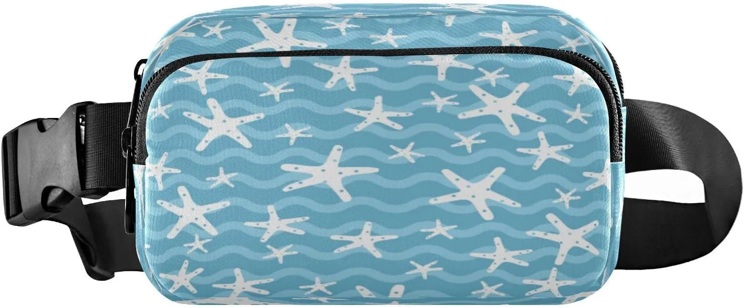 Fanny Packs for Women Men White Star Fish Ocean Belt Bag Waist Pouch Packs Blue Sea Waves Crossbody Bag Running Hiking Fanny Pack Gifts for Girls Boys