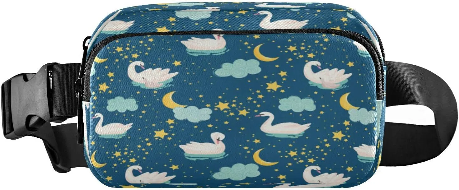 Fanny Packs for Women Men White Swans Moon Stars Belt Bag Waist Pouch Packs Crossbody Bag Running Hiking Fanny Pack Gifts for Girls Boys
