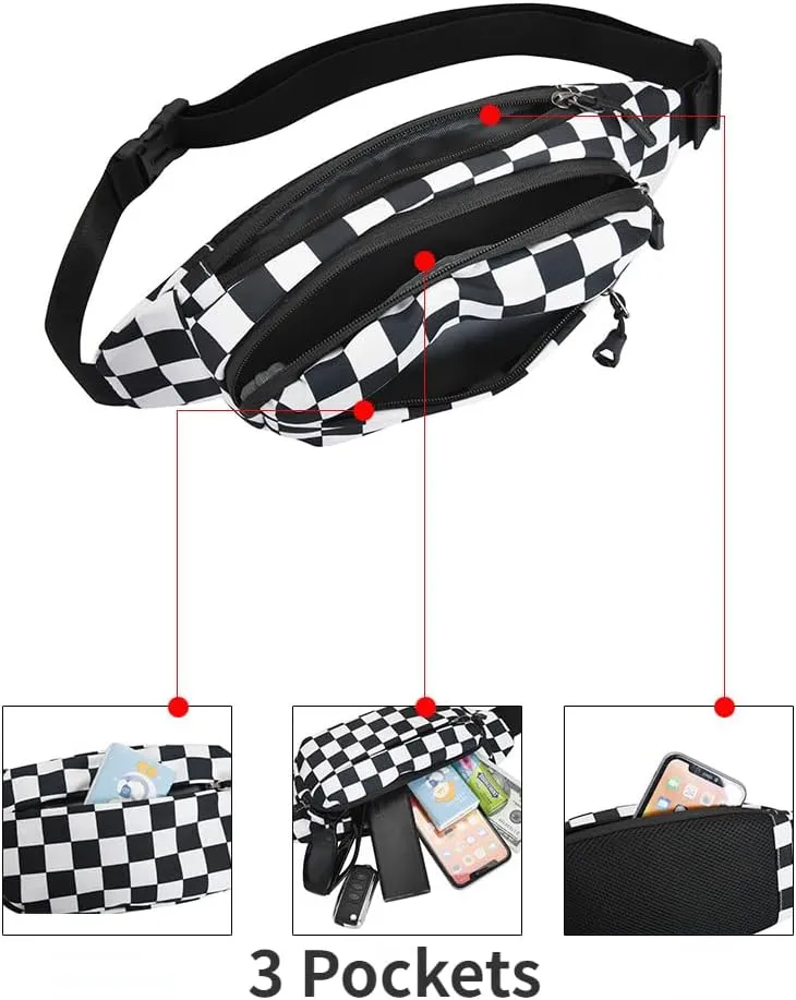 Fanny Packs for Women with Checkered Crossbody Belt Bag Waist Packs for Running Workout Casual Travel Hiking (Blue)