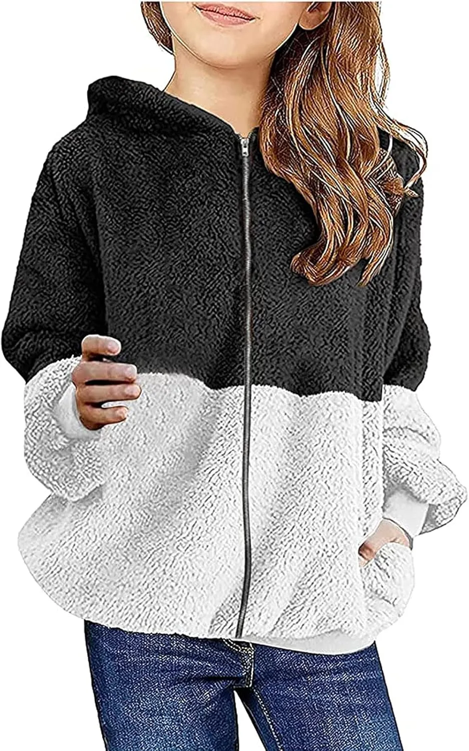 Fleece Hoodies for Girls Trendy Long Sleeve Sherpa Hooded Jacket Comfy Zip Up Winter Coat Warm Outfits for Teen Girls
