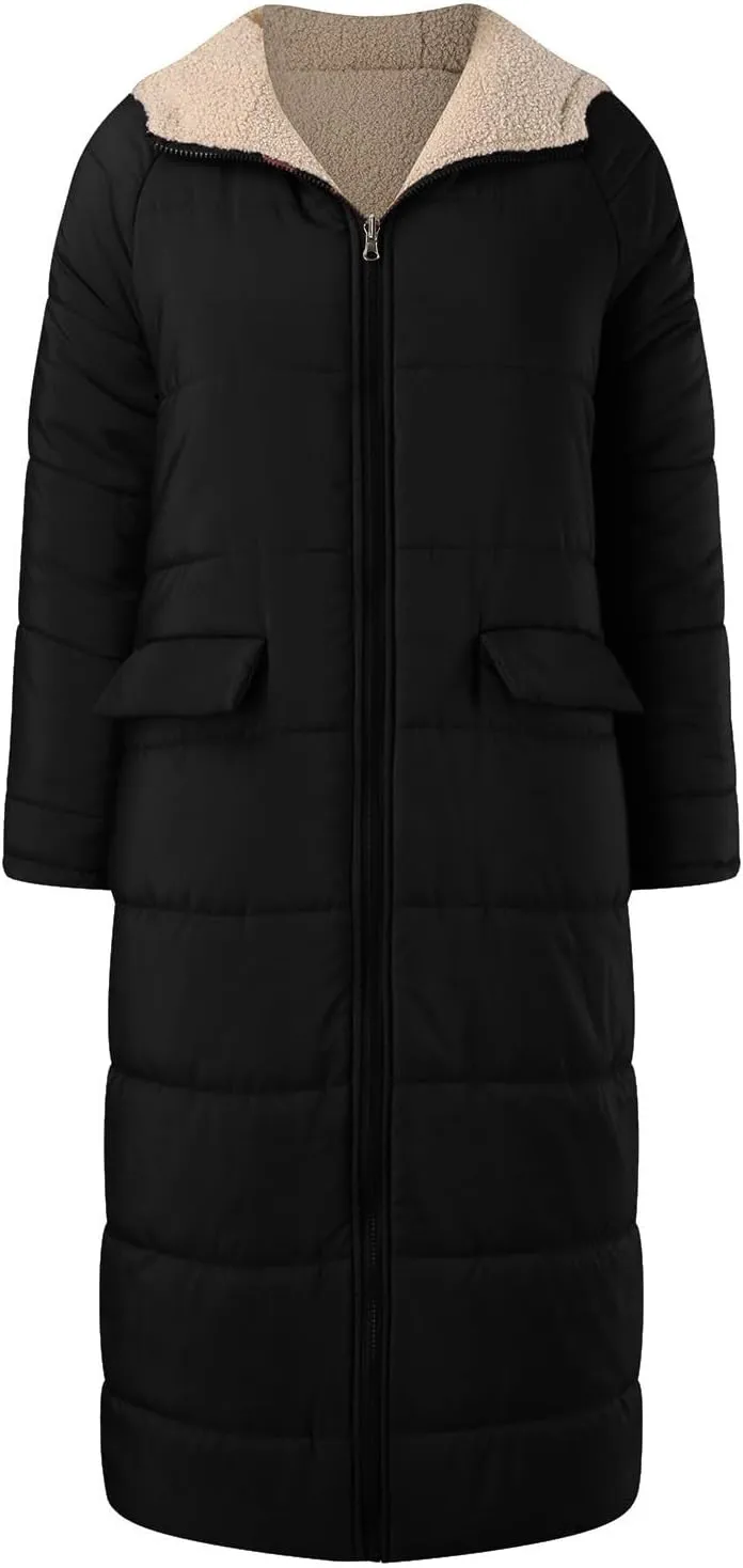 Fleece Jackets for Women Casual Zip Up Solid Color Reversible Teddy Long Coat Womens Padded Heavyweight Soft Jacket