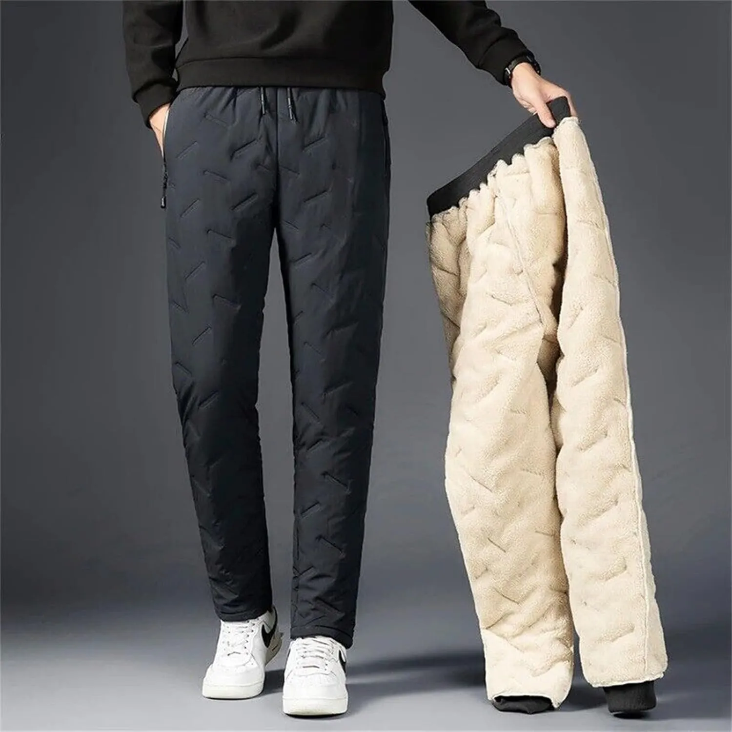 Fleece Lined Casual Pants for Men Elastic Waist Drawstring Comfy Tapered Trousers Plus Size Winter Jogging Pants with Pockets