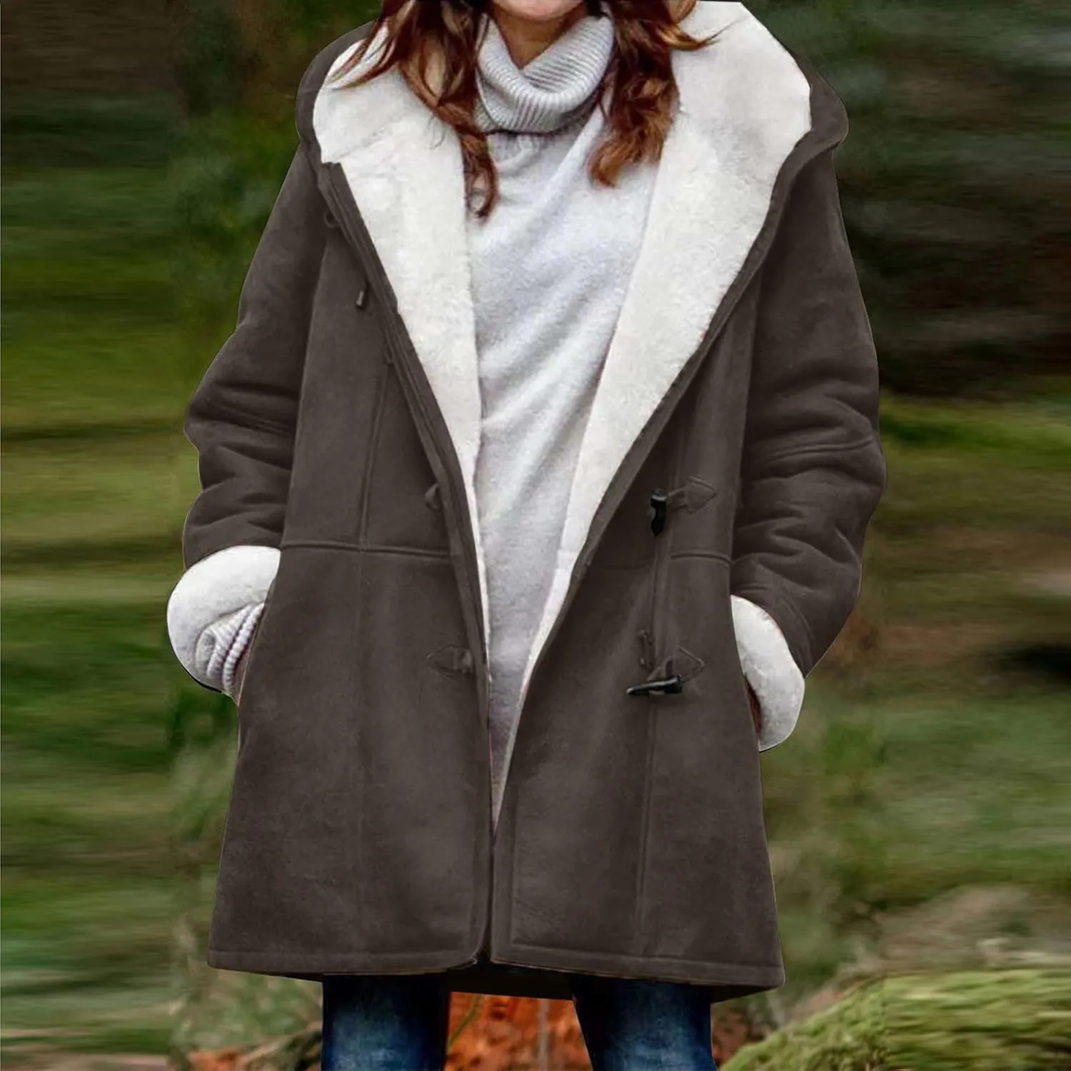 Fleece Lined Jackets For Women Soft Fuzzy Long Hoodie Jacket Casual Sherpa Lined Horn Button Coats Warm Winter Outfits