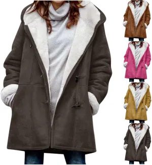 Fleece Lined Jackets For Women Soft Fuzzy Long Hoodie Jacket Casual Sherpa Lined Horn Button Coats Warm Winter Outfits
