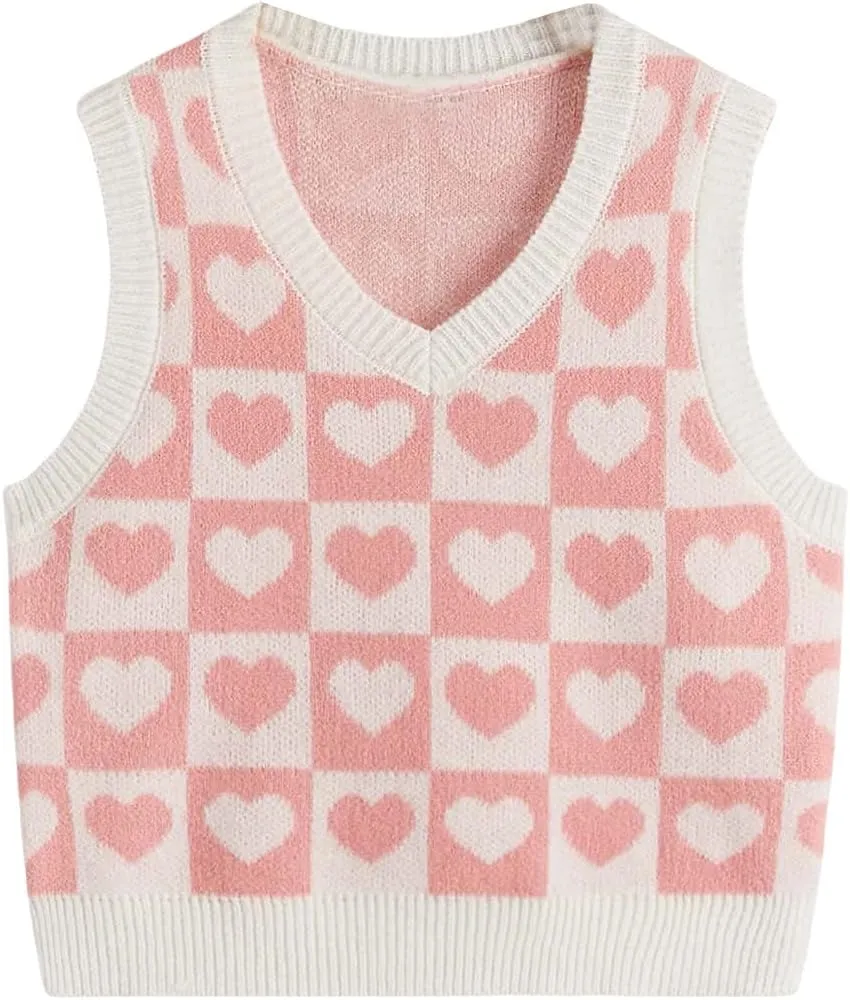 Floerns Girls Heart Print Sleeveless Sweater Vest V Neck Knitwear Tank Top