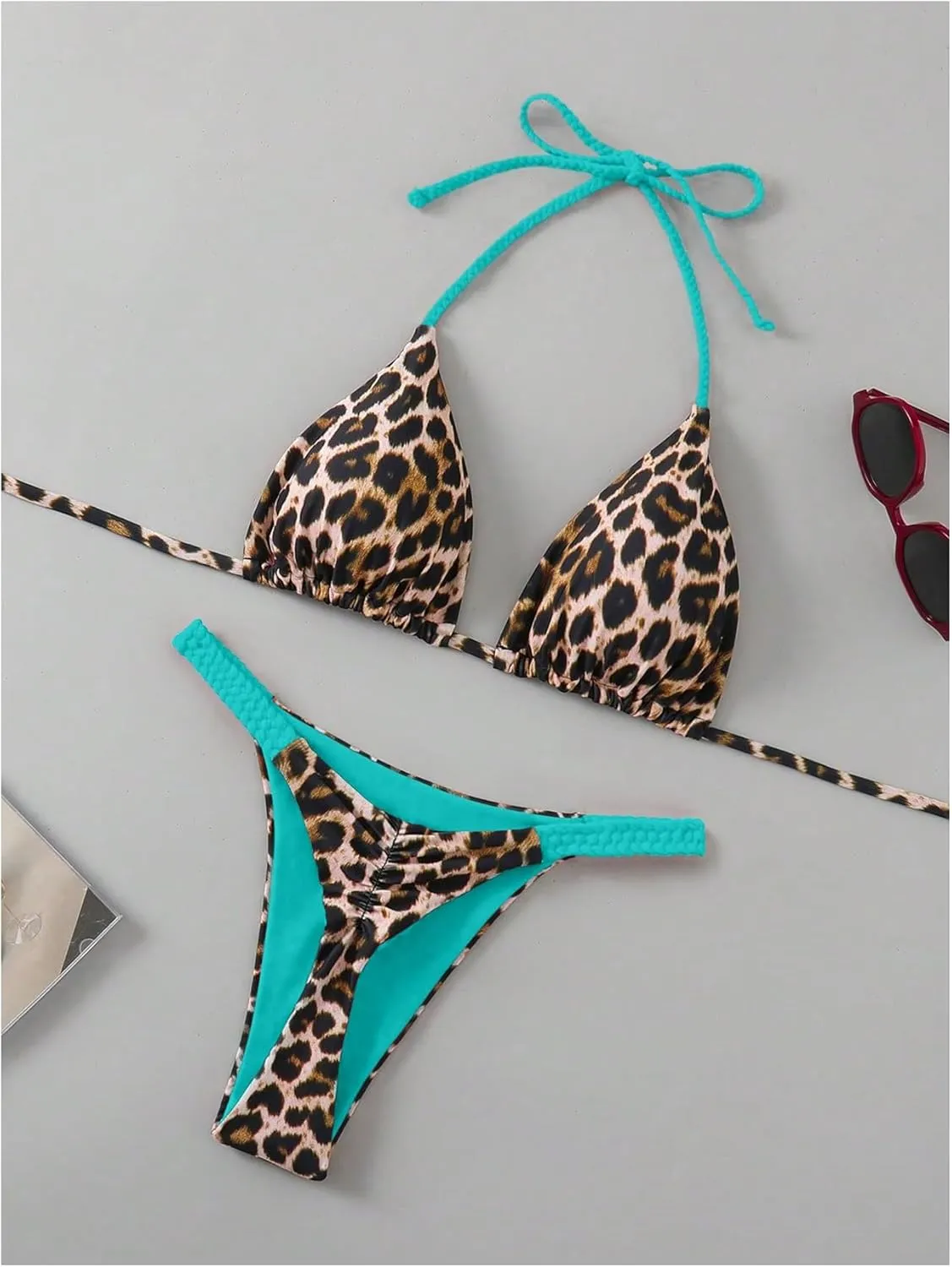 Floerns Women's 2 Piece Cheetah Print Bikini Set Halter String High Waist Thong Bathing Suits