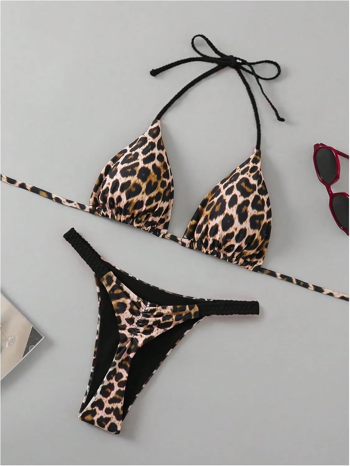 Floerns Women's 2 Piece Cheetah Print Bikini Set Halter String High Waist Thong Bathing Suits