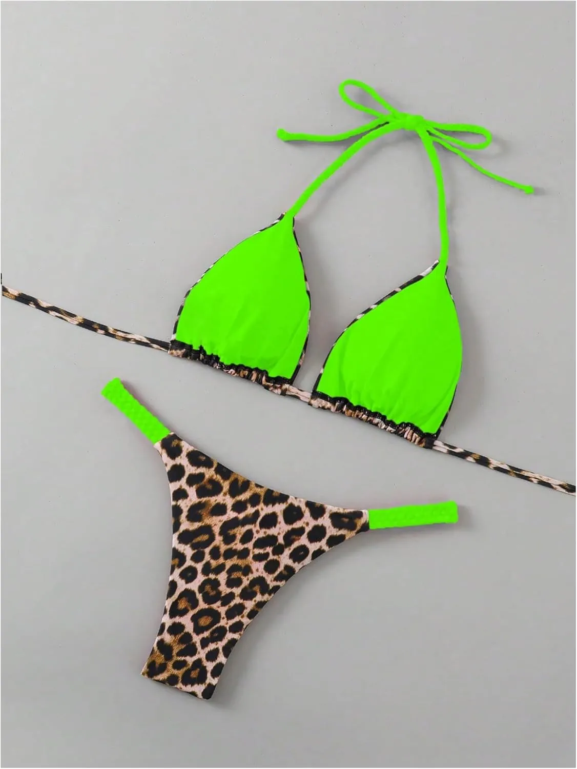 Floerns Women's 2 Piece Cheetah Print Bikini Set Halter String High Waist Thong Bathing Suits