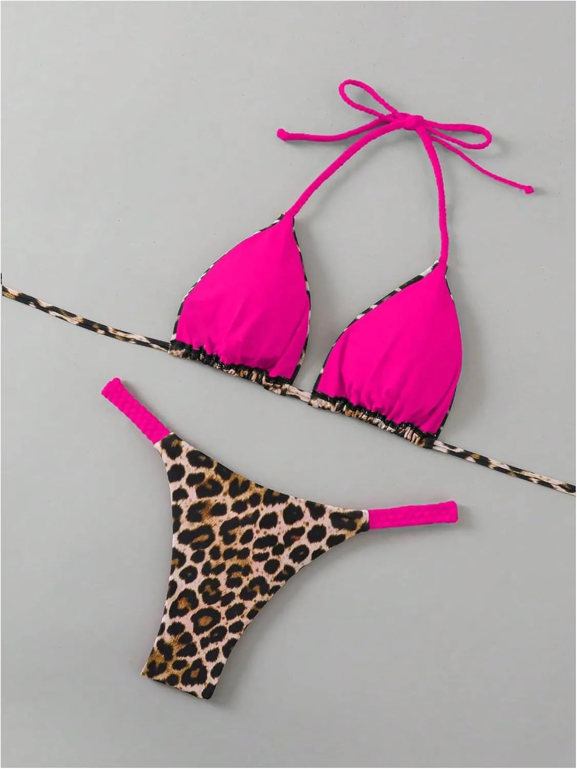 Floerns Women's 2 Piece Cheetah Print Bikini Set Halter String High Waist Thong Bathing Suits