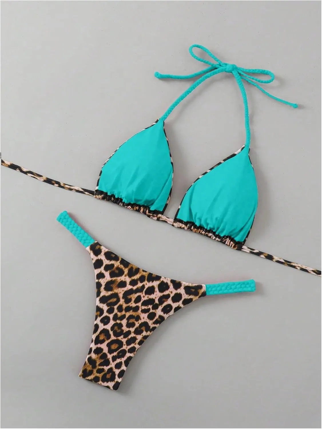 Floerns Women's 2 Piece Cheetah Print Bikini Set Halter String High Waist Thong Bathing Suits