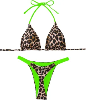 Floerns Women's 2 Piece Cheetah Print Bikini Set Halter String High Waist Thong Bathing Suits