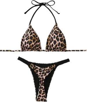 Floerns Women's 2 Piece Cheetah Print Bikini Set Halter String High Waist Thong Bathing Suits