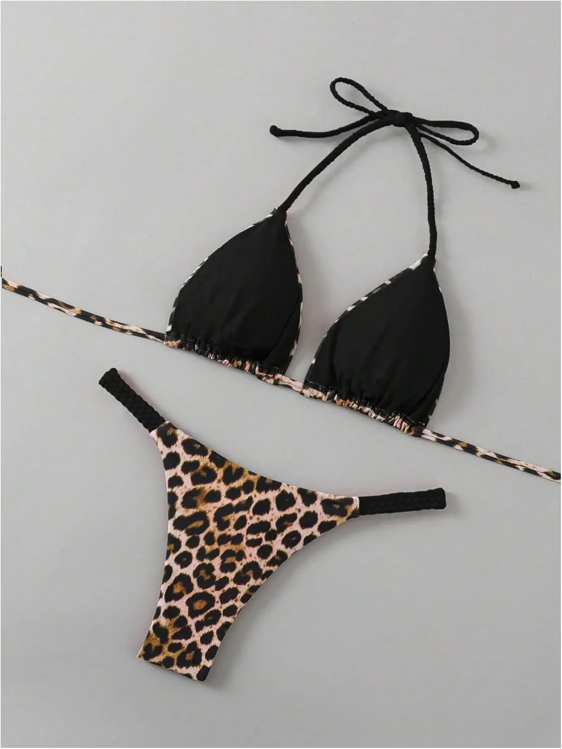 Floerns Women's 2 Piece Cheetah Print Bikini Set Halter String High Waist Thong Bathing Suits