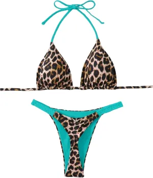 Floerns Women's 2 Piece Cheetah Print Bikini Set Halter String High Waist Thong Bathing Suits