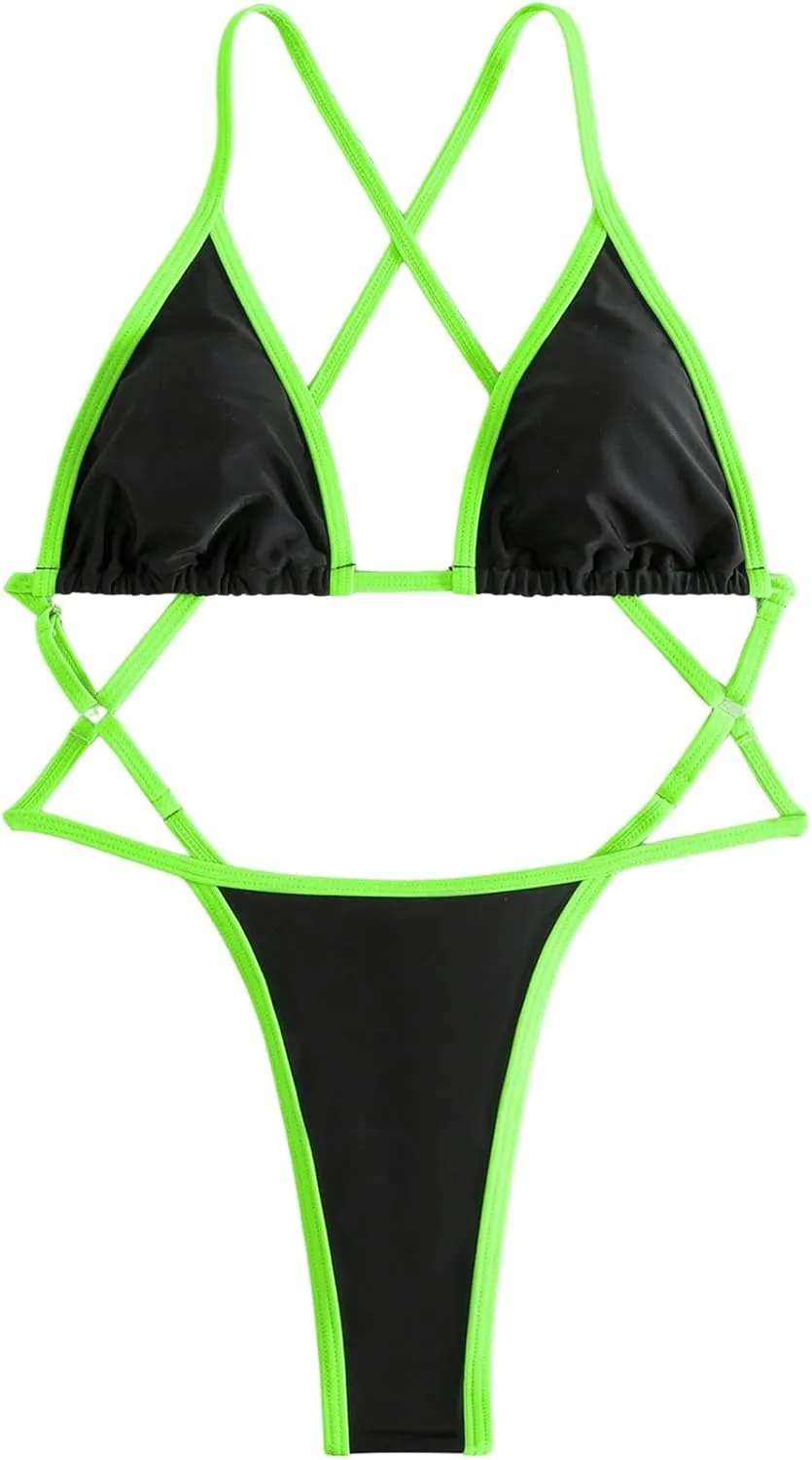 Floerns Women's Contrast Binding One Piece Swimsuit Criss Cross High Cut Swimwear